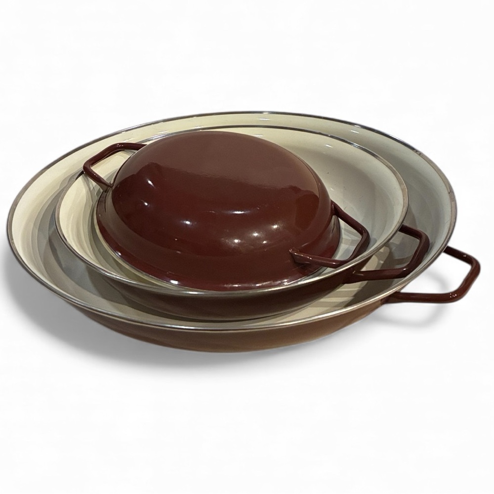 Set/3 White/ Brown Enamel Bowls W/ Handles and Silver Rims No Chips No Flaws